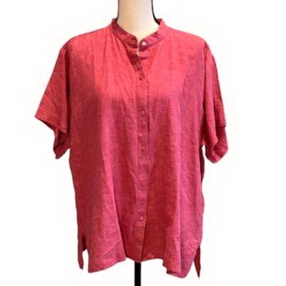 Eileen Fisher Red Organic Linen Banded Collar Short Sleeve Top - Picture 1 of 2